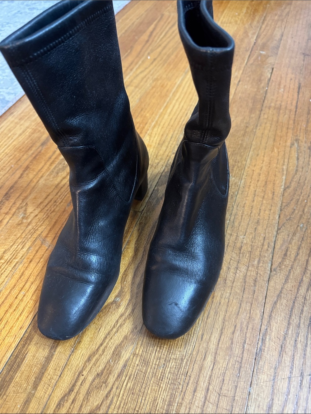 Stuart Weitzman Black Mid-Calf Leather Heeled Boots
